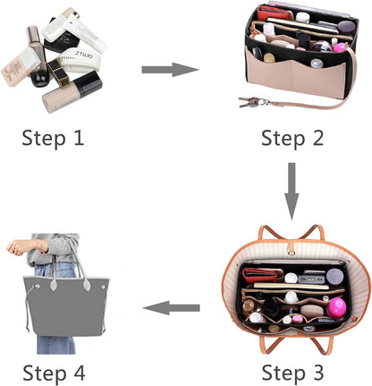 Purse Organizer Insert, Felt Bag Organizer with Metal Zipper, Handbag & Tote Shaper, For Speedy Neverfull Tote, 7 Sizes