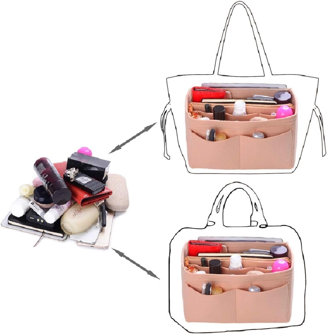 Purse Organizer Insert, Felt Bag Organizer with Metal Zipper, Handbag & Tote Shaper, For Speedy Neverfull Tote, 7 Sizes