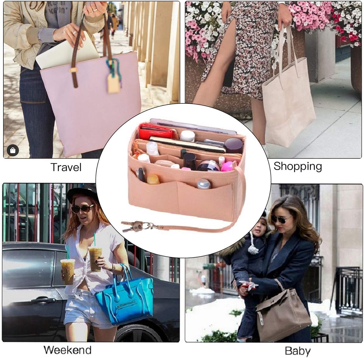 Purse Organizer Insert, Felt Bag Organizer with Metal Zipper, Handbag & Tote Shaper, For Speedy Neverfull Tote, 7 Sizes
