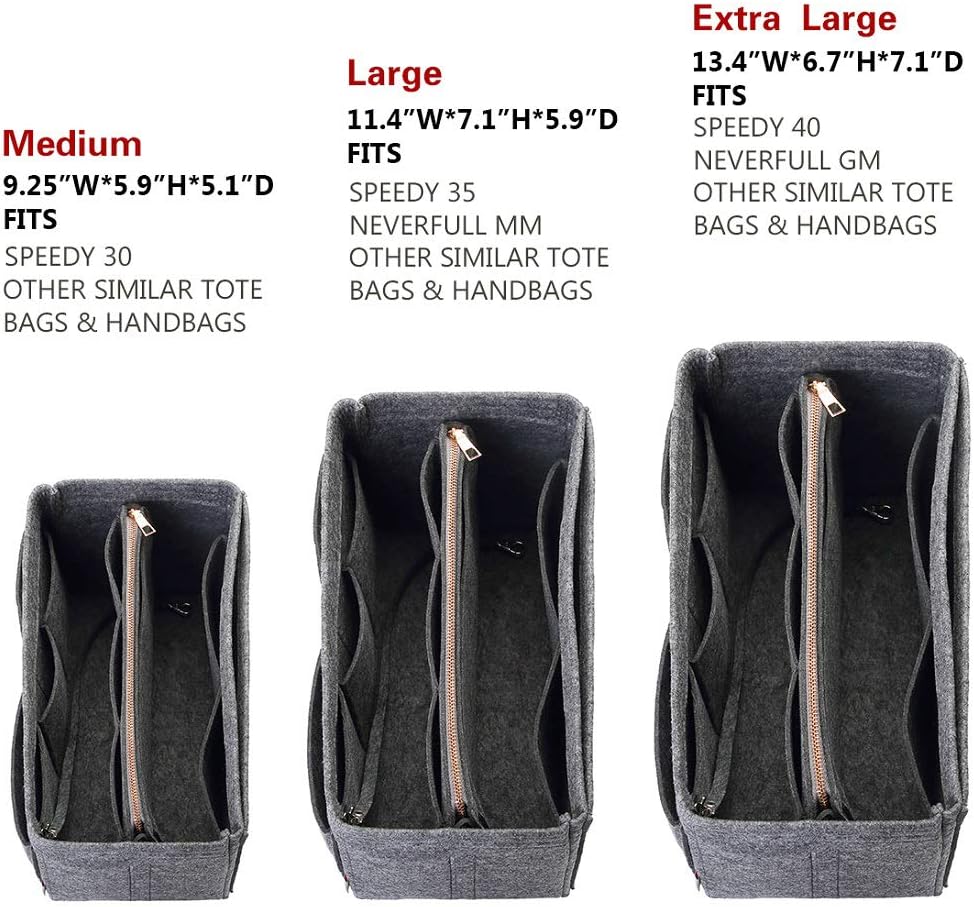 Purse Organizer Insert, Felt Bag Organizer with Metal Zipper, Handbag & Tote Shaper, For Speedy Neverfull Tote, 7 Sizes