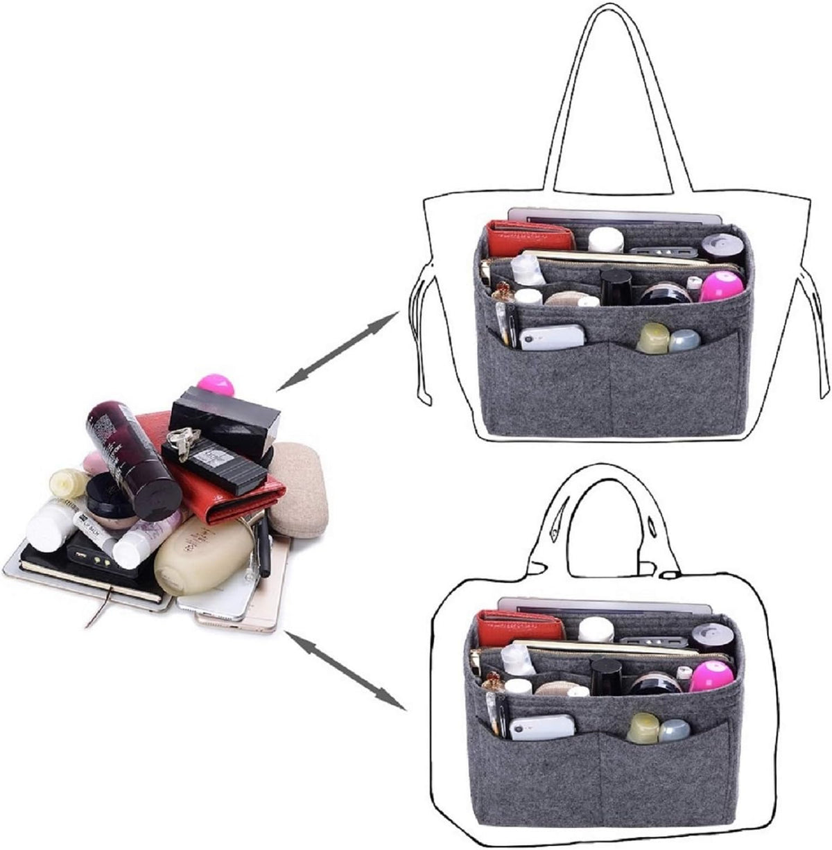 Purse Organizer Insert, Felt Bag Organizer with Metal Zipper, Handbag & Tote Shaper, For Speedy Neverfull Tote, 7 Sizes