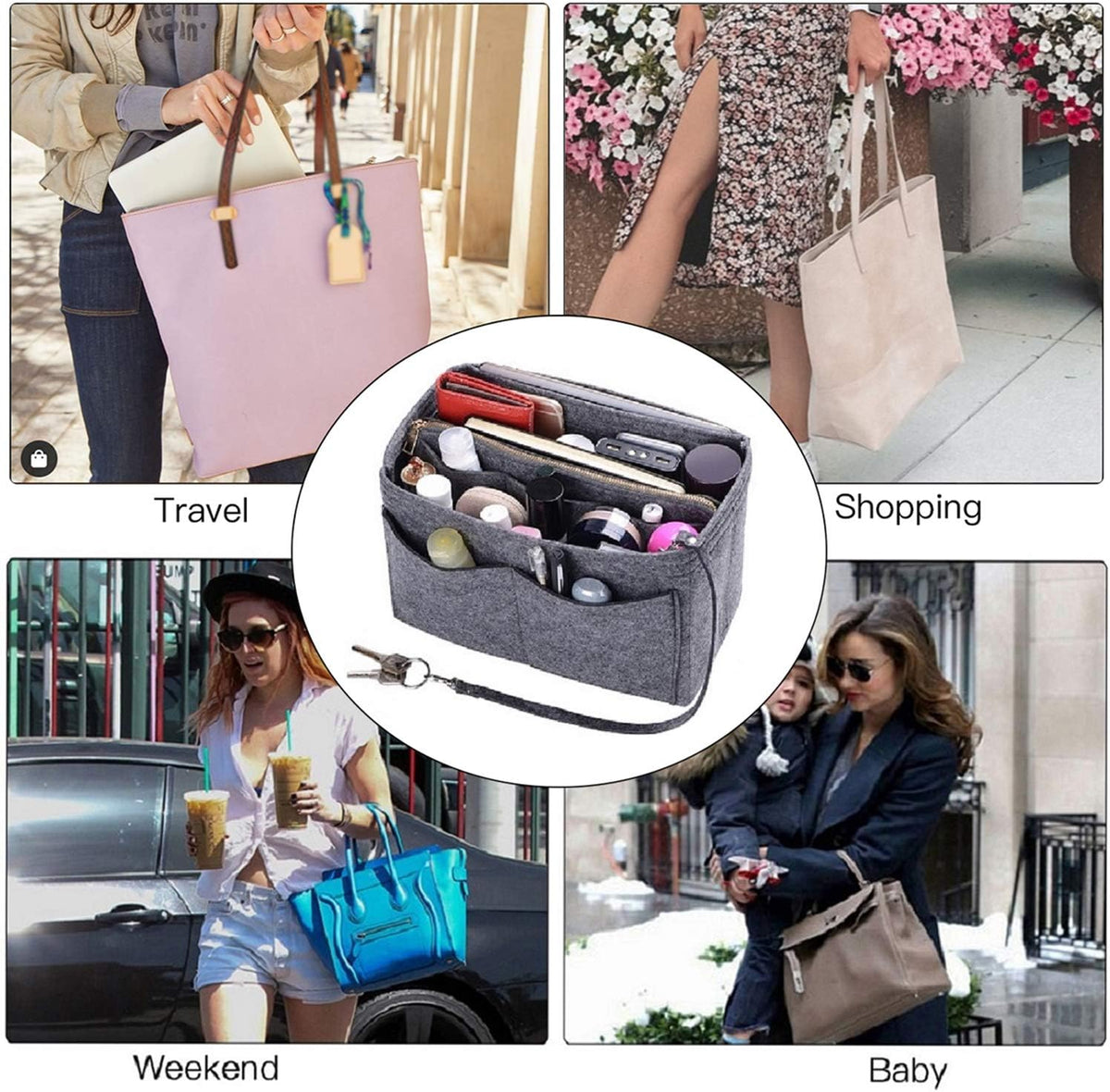 Purse Organizer Insert, Felt Bag Organizer with Metal Zipper, Handbag & Tote Shaper, For Speedy Neverfull Tote, 7 Sizes