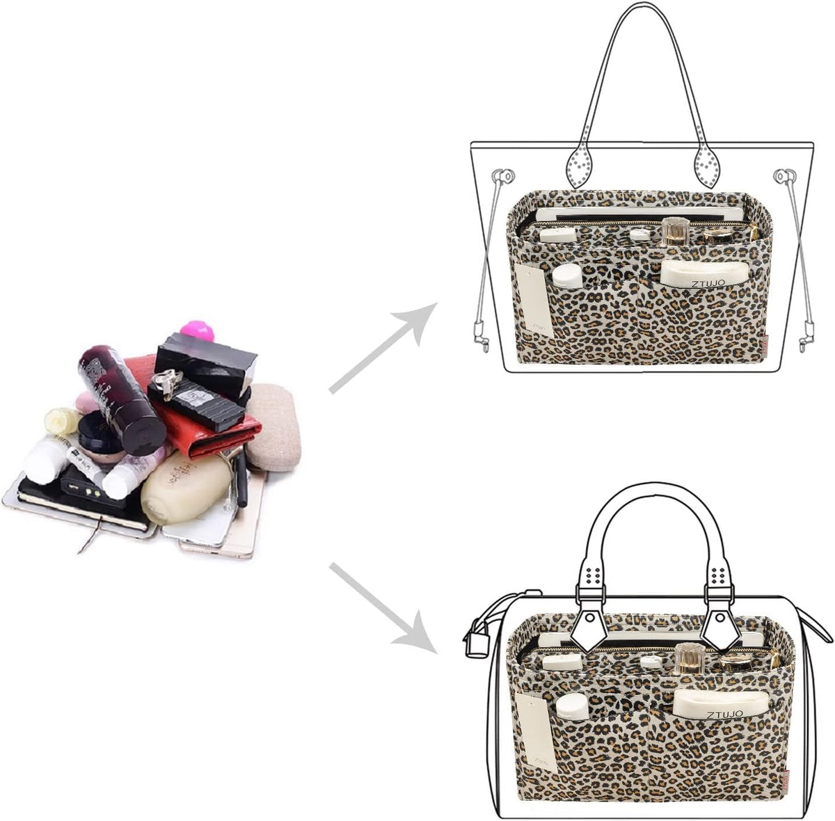 Purse Organizer Insert, Felt Bag Organizer with Metal Zipper, Handbag & Tote Shaper, For Speedy Neverfull Tote, 7 Sizes