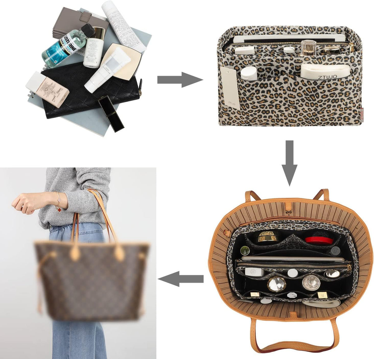 Purse Organizer Insert, Felt Bag Organizer with Metal Zipper, Handbag & Tote Shaper, For Speedy Neverfull Tote, 7 Sizes