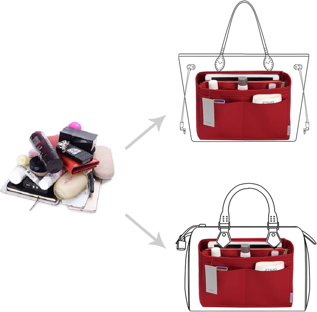Purse Organizer Insert, Felt Bag Organizer with Metal Zipper, Handbag & Tote Shaper, For Speedy Neverfull Tote, 7 Sizes