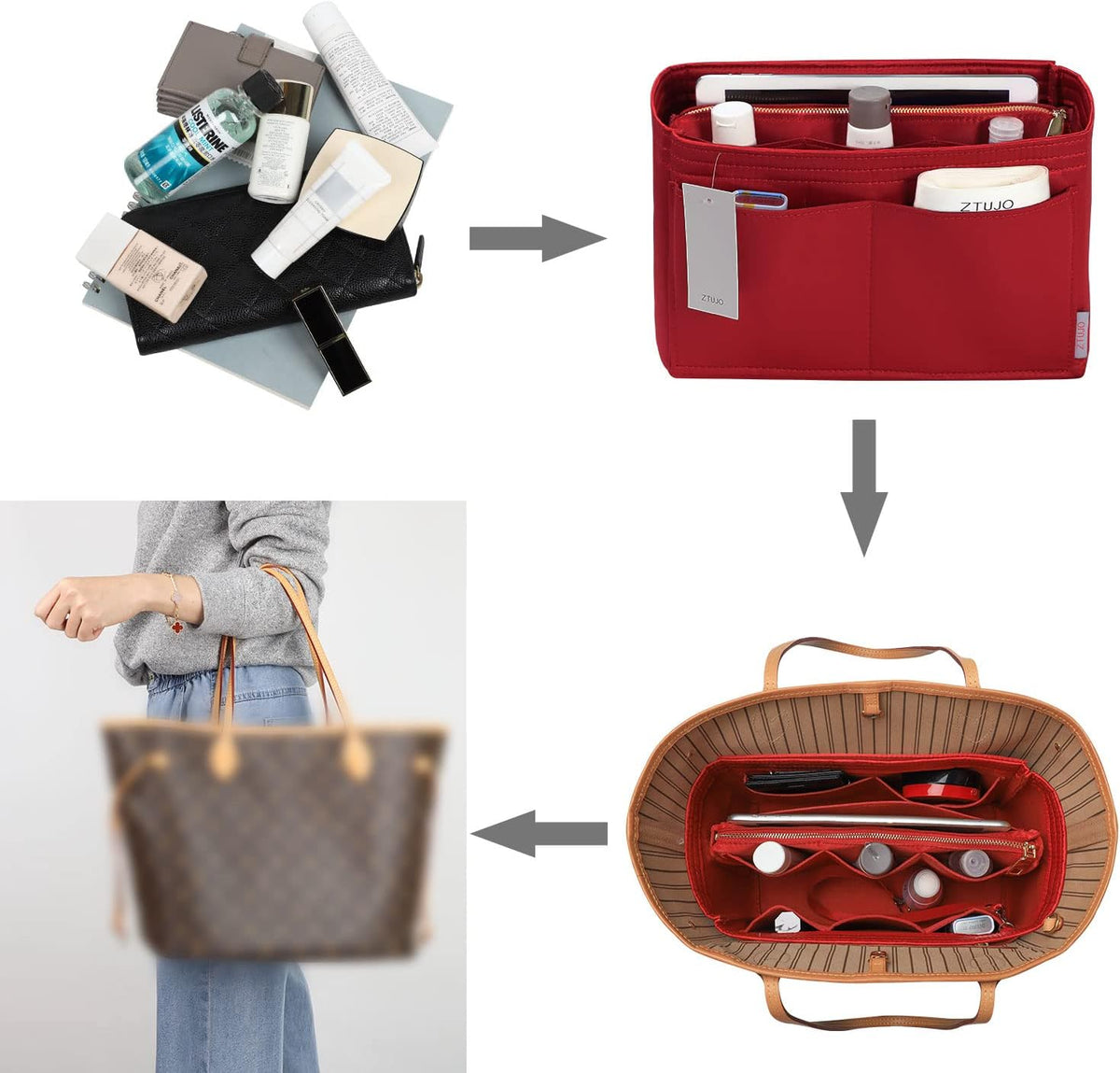 Purse Organizer Insert, Felt Bag Organizer with Metal Zipper, Handbag & Tote Shaper, For Speedy Neverfull Tote, 7 Sizes