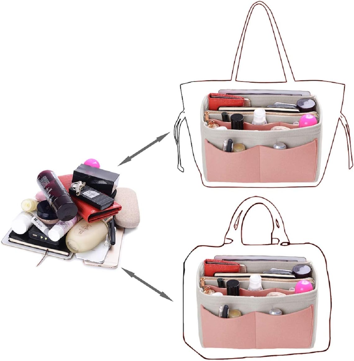 Purse Organizer Insert, Felt Bag Organizer with Metal Zipper, Handbag & Tote Shaper, For Speedy Neverfull Tote, 7 Sizes