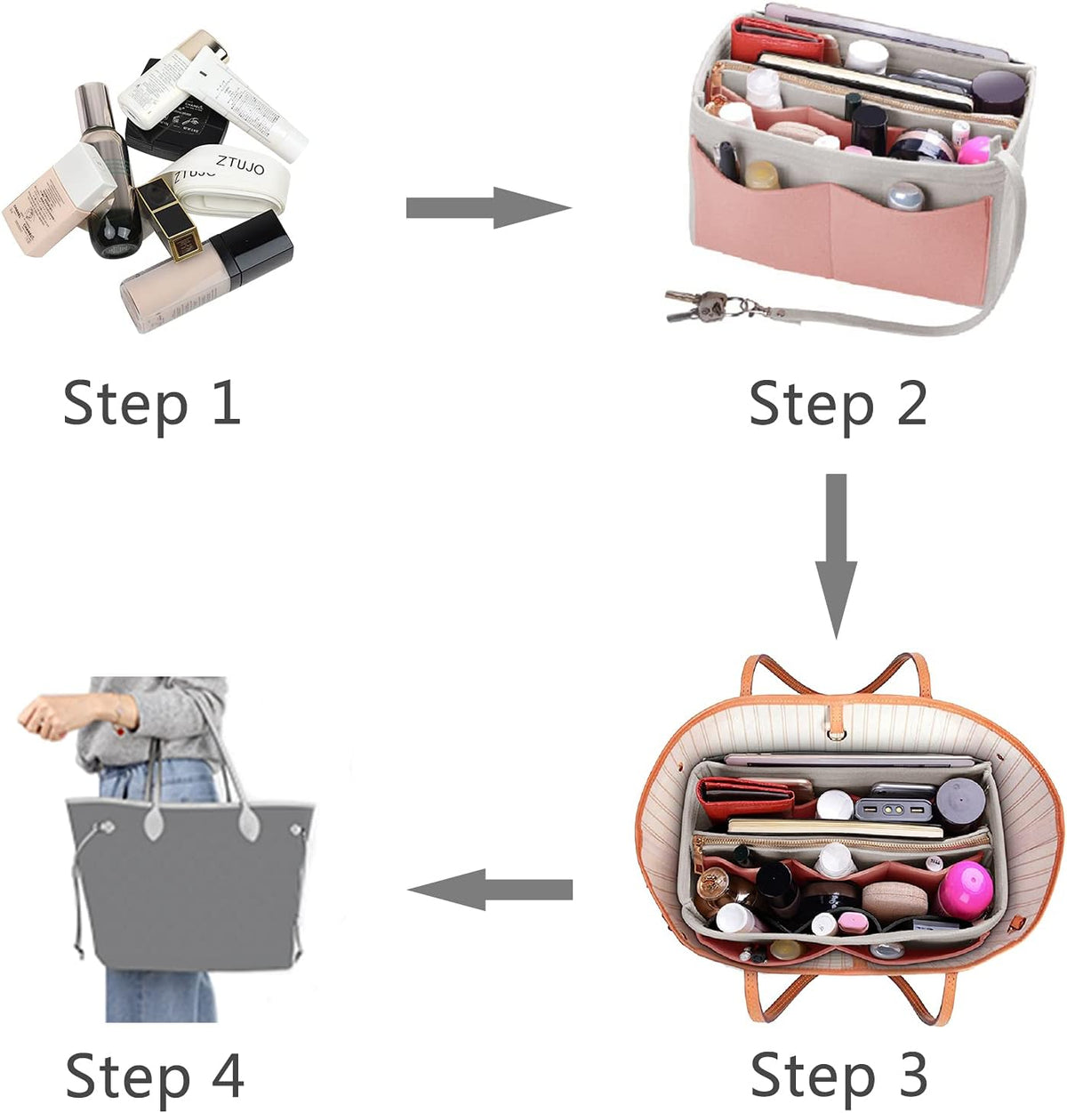 Purse Organizer Insert, Felt Bag Organizer with Metal Zipper, Handbag & Tote Shaper, For Speedy Neverfull Tote, 7 Sizes