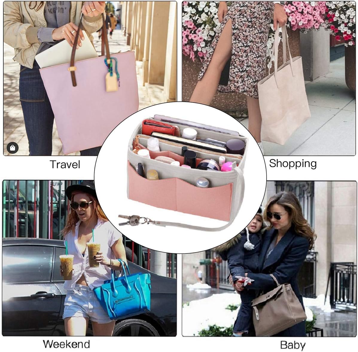 Purse Organizer Insert, Felt Bag Organizer with Metal Zipper, Handbag & Tote Shaper, For Speedy Neverfull Tote, 7 Sizes