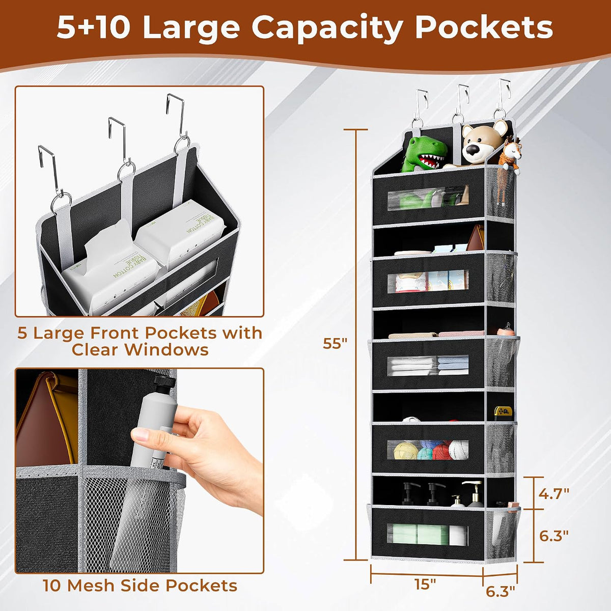 5 Tier Over the Door Organizer for Bathroom, Bedroom, Pantry, Grey