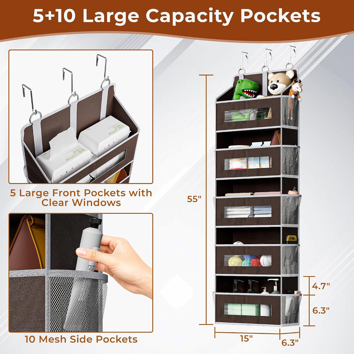 5 Tier Over the Door Organizer for Bathroom, Bedroom, Pantry, Grey