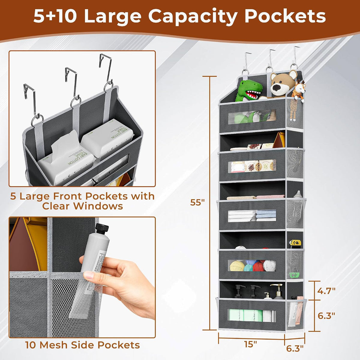 5 Tier Over the Door Organizer for Bathroom, Bedroom, Pantry, Grey