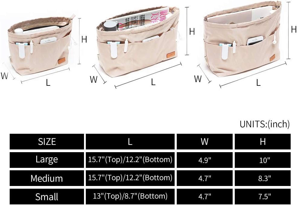 iN. Purse Organizer Insert with zipper Nylon fabric for women Handbags & Totebag beige Size: Large: 15.7"(Top)/12.2"(Bottom) L × 4.9"W × 10"H
