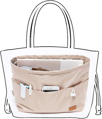 iN. Purse Organizer Insert with zipper Nylon fabric for women Handbags & Totebag beige Size: Large: 15.7"(Top)/12.2"(Bottom) L × 4.9"W × 10"H