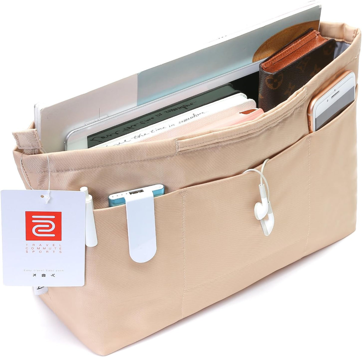 iN. Purse Organizer Insert with zipper Nylon fabric for women Handbags & Totebag beige Size: Large: 15.7"(Top)/12.2"(Bottom) L × 4.9"W × 10"H