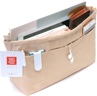 iN. Purse Organizer Insert with zipper Nylon fabric for women Handbags & Totebag beige Size: Large: 15.7"(Top)/12.2"(Bottom) L × 4.9"W × 10"H