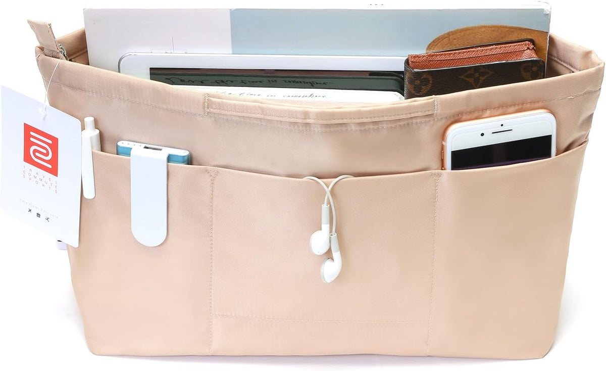 iN. Purse Organizer Insert with zipper Nylon fabric for women Handbags & Totebag beige Size: Large: 15.7"(Top)/12.2"(Bottom) L × 4.9"W × 10"H