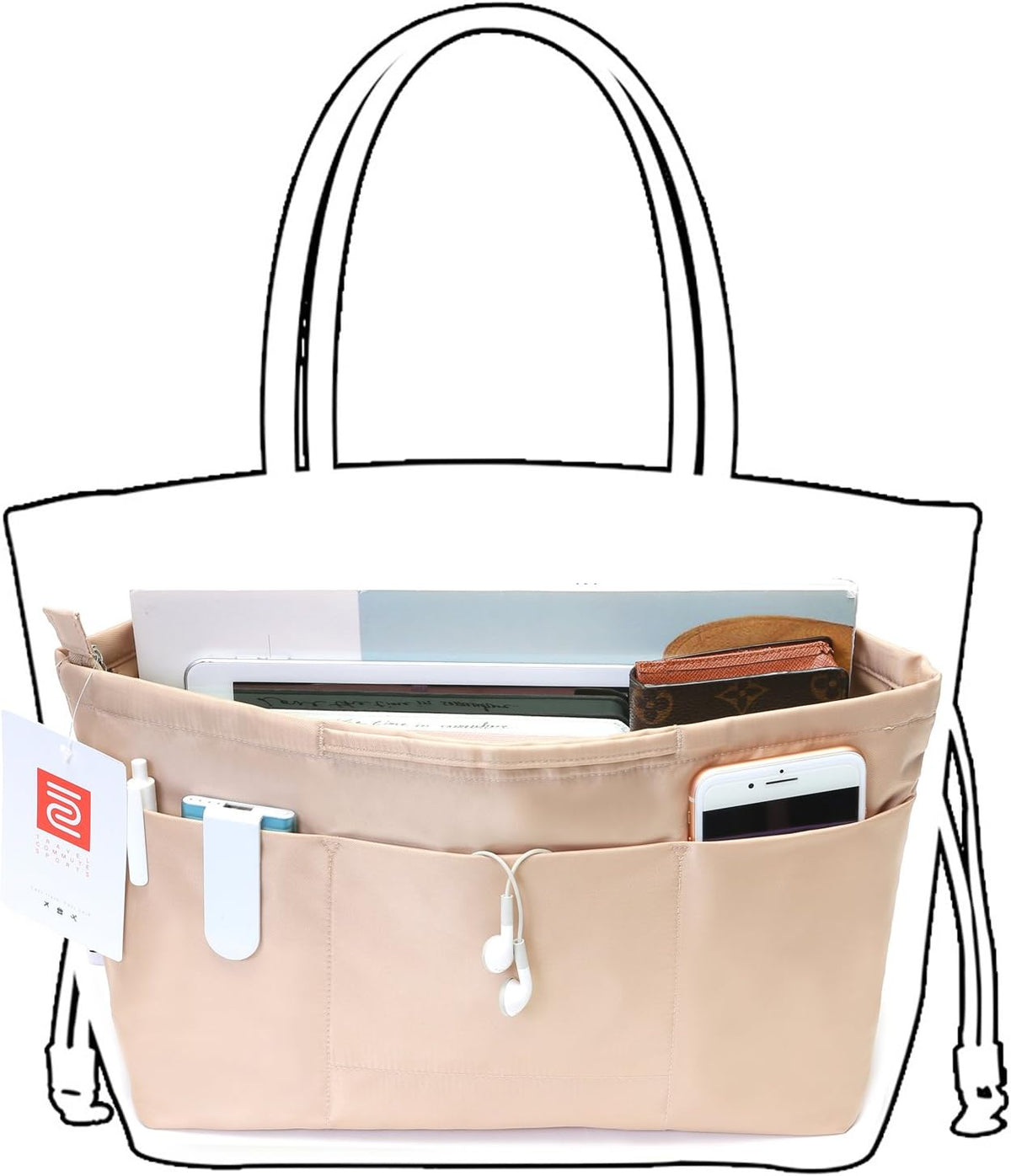 iN. Purse Organizer Insert with zipper Nylon fabric for women Handbags & Totebag beige Size: Large: 15.7"(Top)/12.2"(Bottom) L × 4.9"W × 10"H
