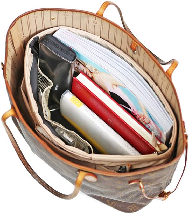 iN. Purse Organizer Insert with zipper Nylon fabric for women Handbags & Totebag beige Size: Large: 15.7"(Top)/12.2"(Bottom) L × 4.9"W × 10"H