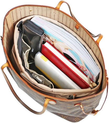 iN. Purse Organizer Insert with zipper Nylon fabric for women Handbags & Totebag beige Size: Large: 15.7"(Top)/12.2"(Bottom) L × 4.9"W × 10"H