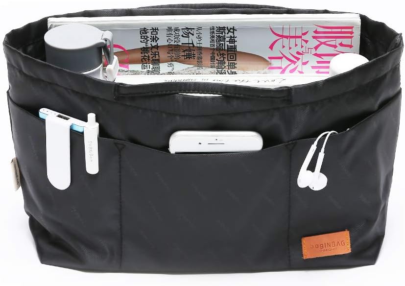 iN. Purse Organizer Insert with zipper Nylon fabric for women Handbags & Totebag beige Size: Large: 15.7"(Top)/12.2"(Bottom) L × 4.9"W × 10"H