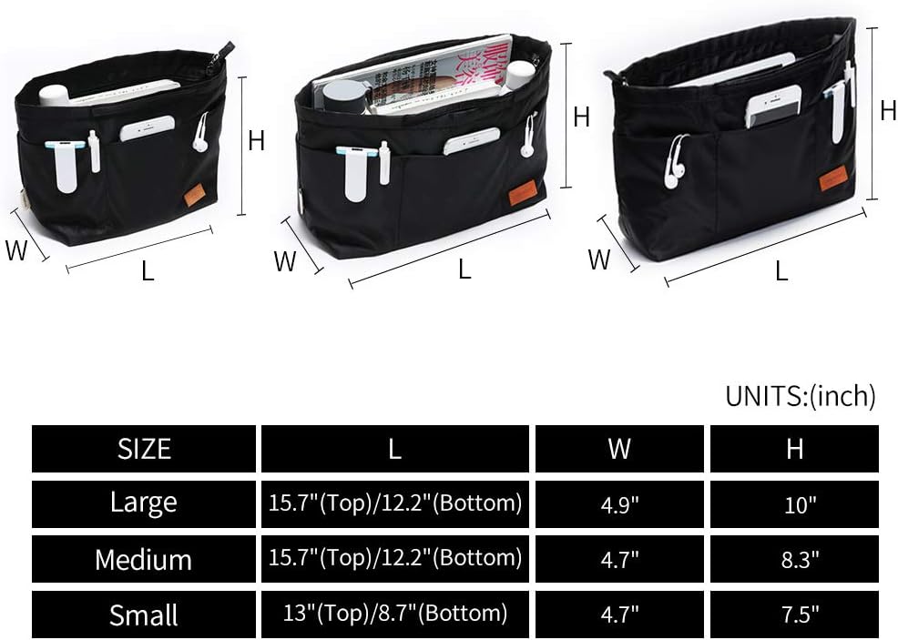 iN. Purse Organizer Insert with zipper Nylon fabric for women Handbags & Totebag beige Size: Large: 15.7"(Top)/12.2"(Bottom) L × 4.9"W × 10"H