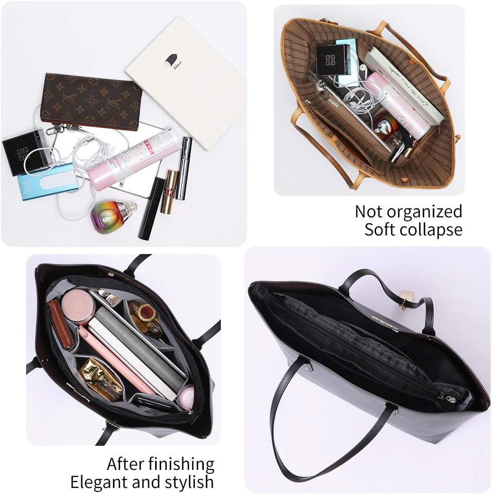 iN. Purse Organizer Insert with zipper Nylon fabric for women Handbags & Totebag beige Size: Large: 15.7"(Top)/12.2"(Bottom) L × 4.9"W × 10"H