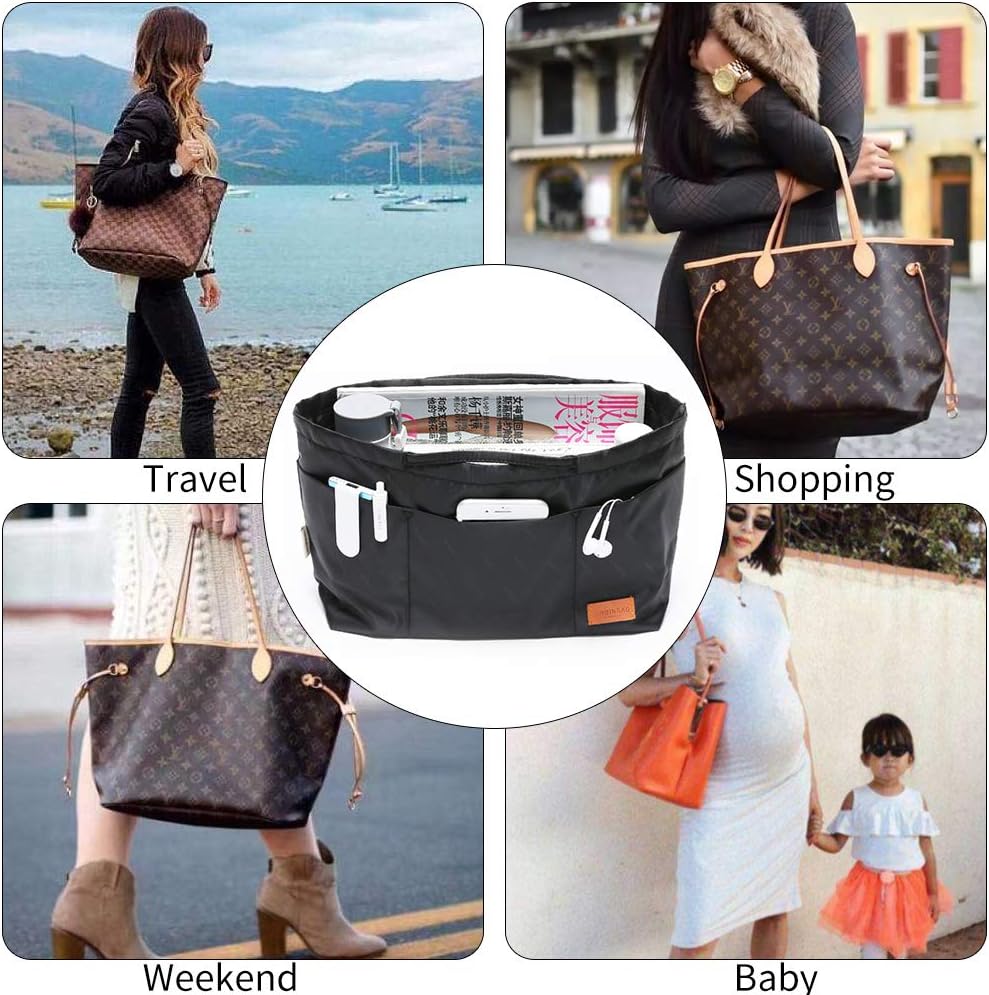 iN. Purse Organizer Insert with zipper Nylon fabric for women Handbags & Totebag beige Size: Large: 15.7"(Top)/12.2"(Bottom) L × 4.9"W × 10"H