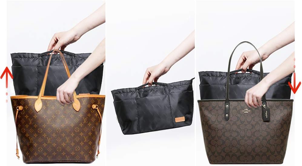 iN. Purse Organizer Insert with zipper Nylon fabric for women Handbags & Totebag beige Size: Large: 15.7"(Top)/12.2"(Bottom) L × 4.9"W × 10"H