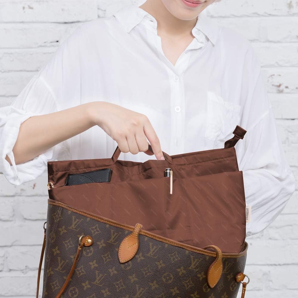 iN. Purse Organizer Insert with zipper Nylon fabric for women Handbags & Totebag beige Size: Large: 15.7"(Top)/12.2"(Bottom) L × 4.9"W × 10"H