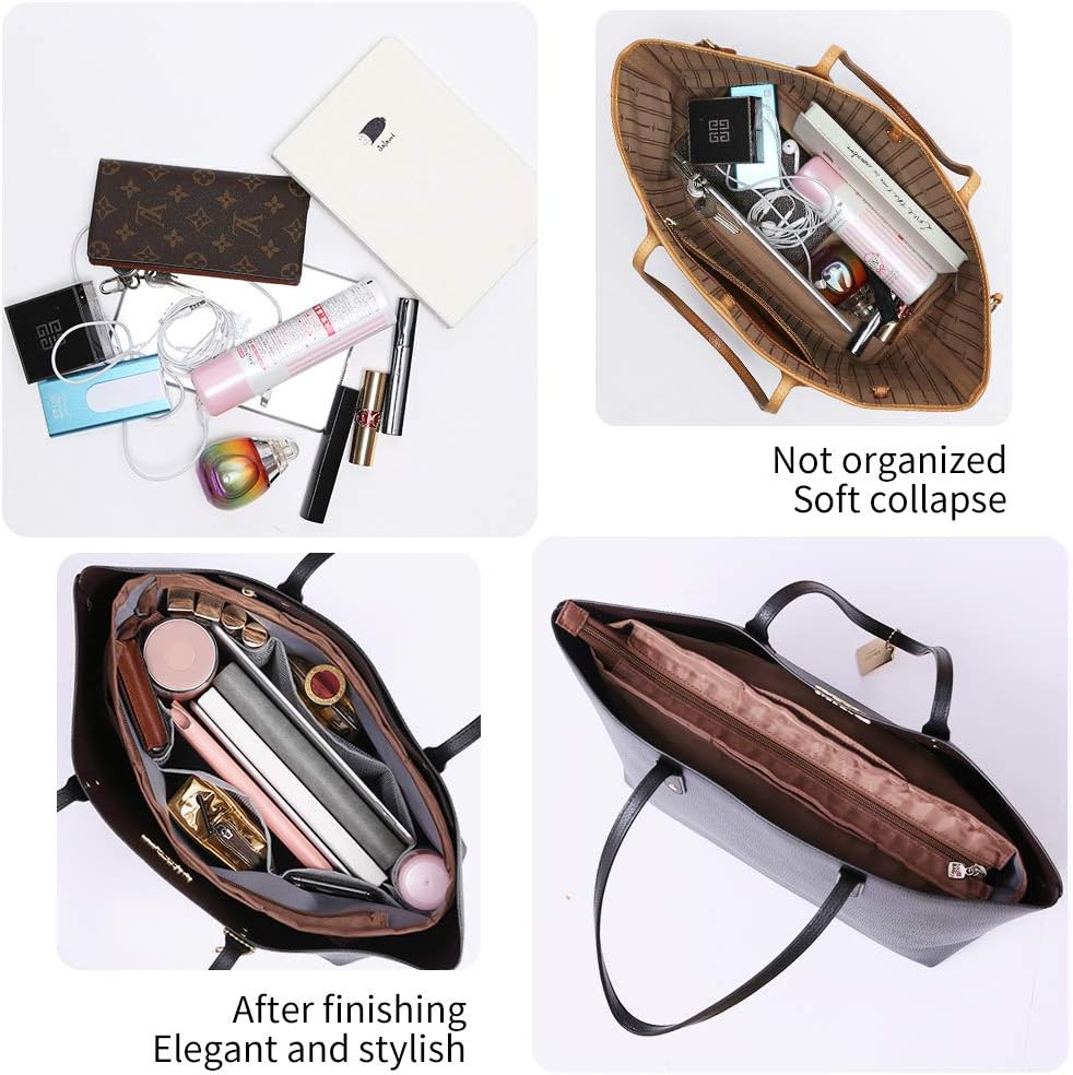 iN. Purse Organizer Insert with zipper Nylon fabric for women Handbags & Totebag beige Size: Large: 15.7"(Top)/12.2"(Bottom) L × 4.9"W × 10"H