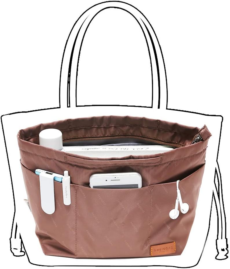 iN. Purse Organizer Insert with zipper Nylon fabric for women Handbags & Totebag beige Size: Large: 15.7"(Top)/12.2"(Bottom) L × 4.9"W × 10"H