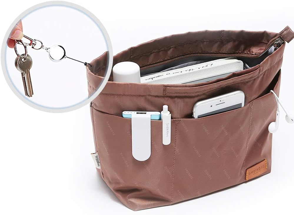 iN. Purse Organizer Insert with zipper Nylon fabric for women Handbags & Totebag beige Size: Large: 15.7"(Top)/12.2"(Bottom) L × 4.9"W × 10"H