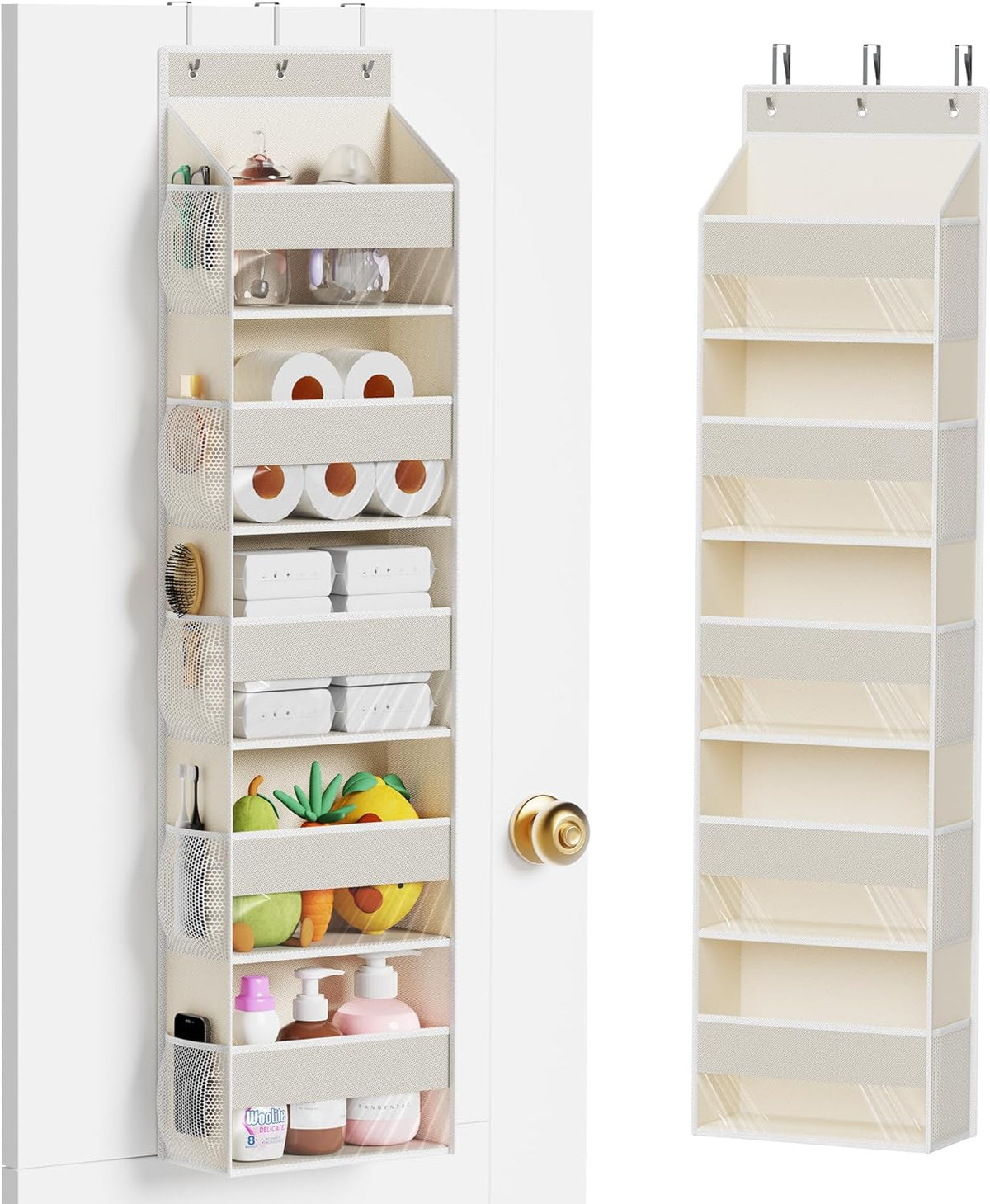 5-Shelf Over The Door Hanging Organizer with 3 Metal Hooks, 5 Pocket Swing-Proof Behind Door Organizers with Clear Windows for Bathroom Closet,Dorm (Beige)
