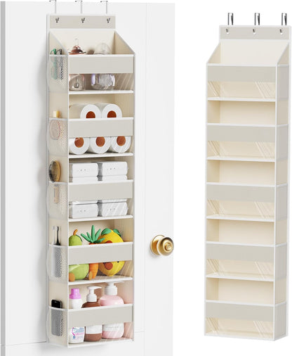 5-Shelf Over The Door Hanging Organizer with 3 Metal Hooks, 5 Pocket Swing-Proof Behind Door Organizers with Clear Windows for Bathroom Closet,Dorm (Beige)