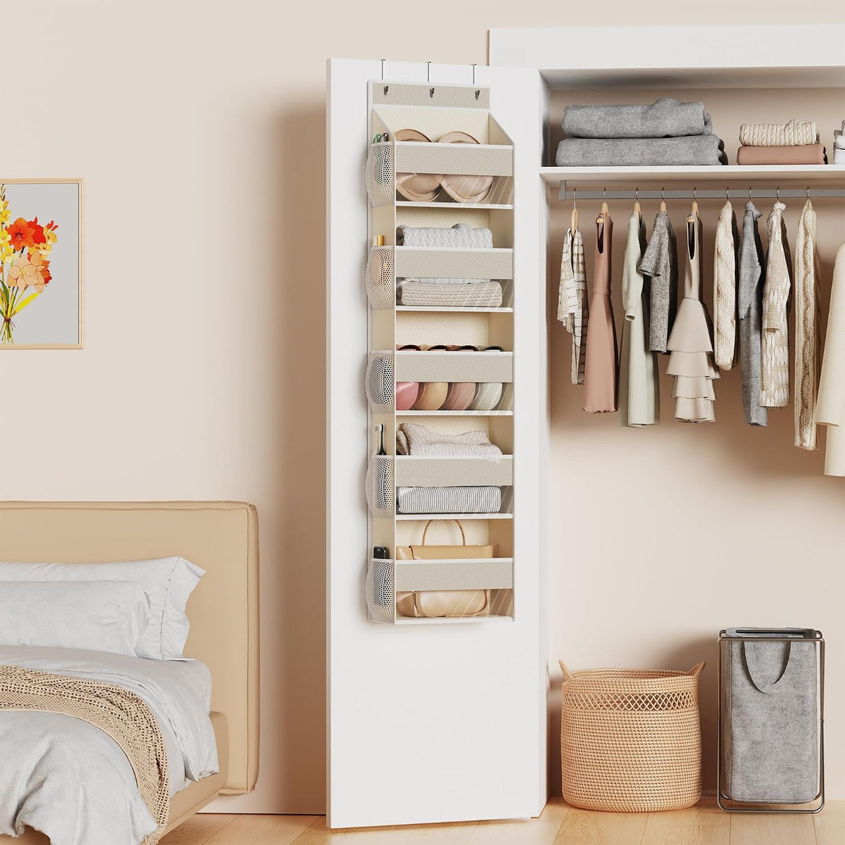 5-Shelf Over The Door Hanging Organizer with 3 Metal Hooks, 5 Pocket Swing-Proof Behind Door Organizers with Clear Windows for Bathroom Closet,Dorm (Beige)