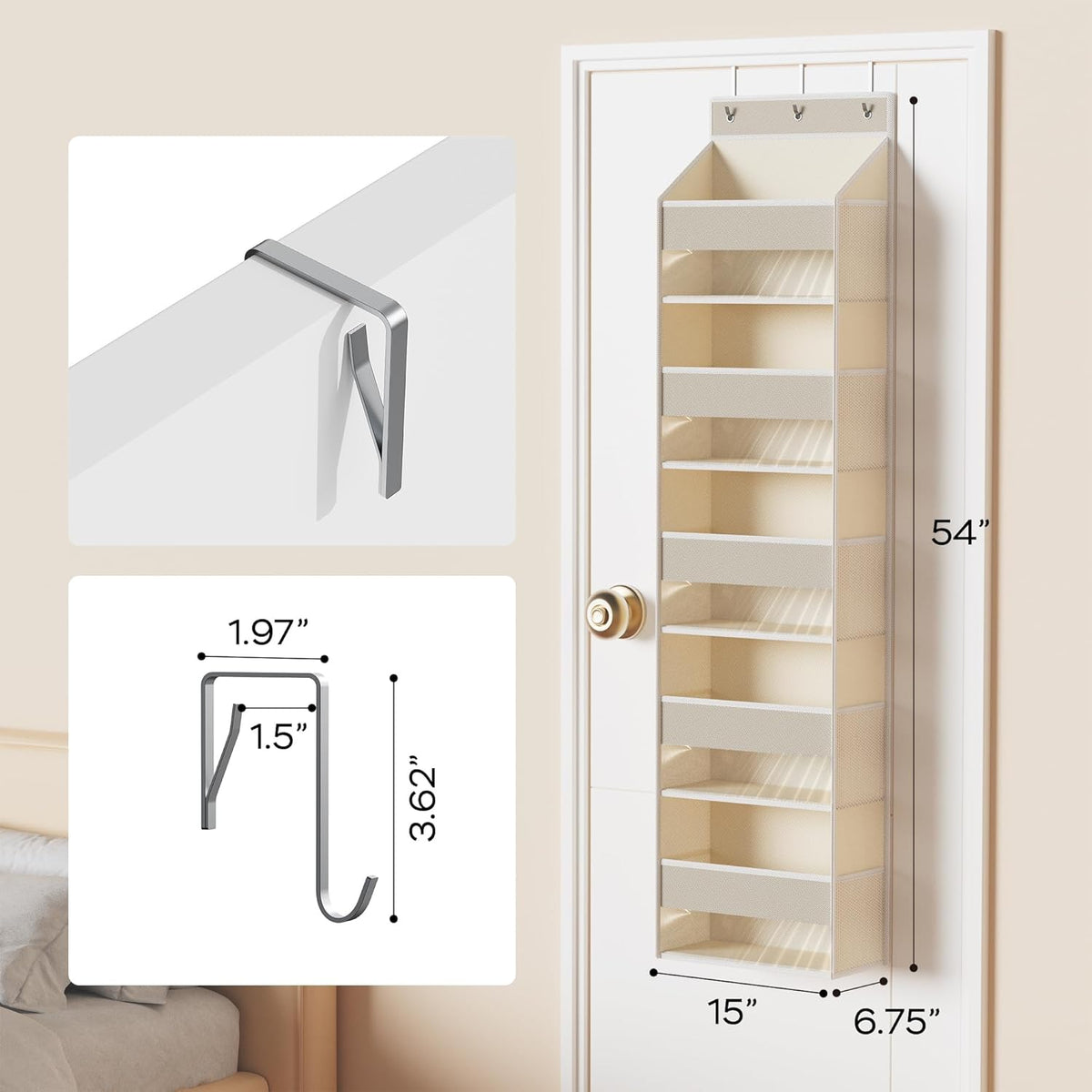 5-Shelf Over The Door Hanging Organizer with 3 Metal Hooks, 5 Pocket Swing-Proof Behind Door Organizers with Clear Windows for Bathroom Closet,Dorm (Beige)