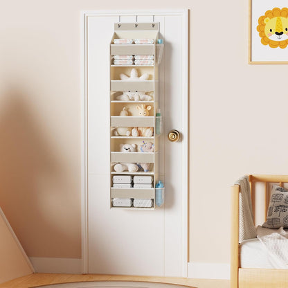 5-Shelf Over The Door Hanging Organizer with 3 Metal Hooks, 5 Pocket Swing-Proof Behind Door Organizers with Clear Windows for Bathroom Closet,Dorm (Beige)