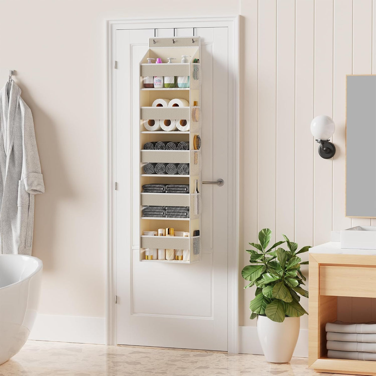 5-Shelf Over The Door Hanging Organizer with 3 Metal Hooks, 5 Pocket Swing-Proof Behind Door Organizers with Clear Windows for Bathroom Closet,Dorm (Beige)