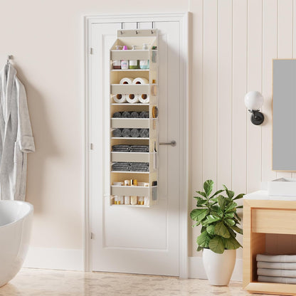 5-Shelf Over The Door Hanging Organizer with 3 Metal Hooks, 5 Pocket Swing-Proof Behind Door Organizers with Clear Windows for Bathroom Closet,Dorm (Beige)