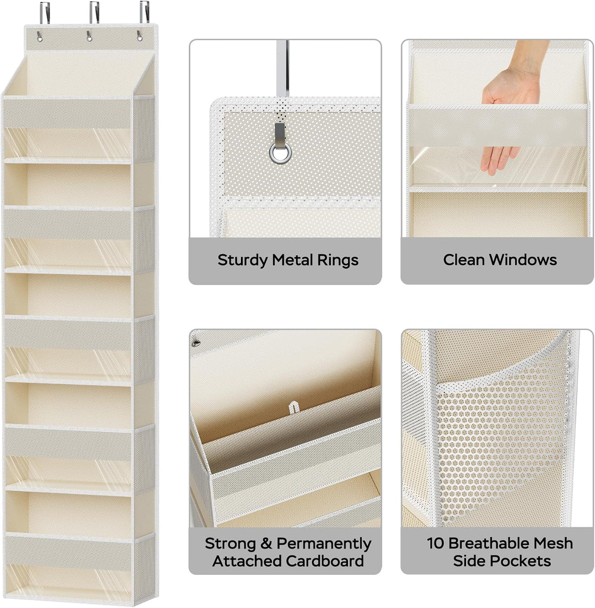 5-Shelf Over The Door Hanging Organizer with 3 Metal Hooks, 5 Pocket Swing-Proof Behind Door Organizers with Clear Windows for Bathroom Closet,Dorm (Beige)