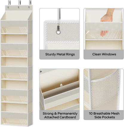 5-Shelf Over The Door Hanging Organizer with 3 Metal Hooks, 5 Pocket Swing-Proof Behind Door Organizers with Clear Windows for Bathroom Closet,Dorm (Beige)