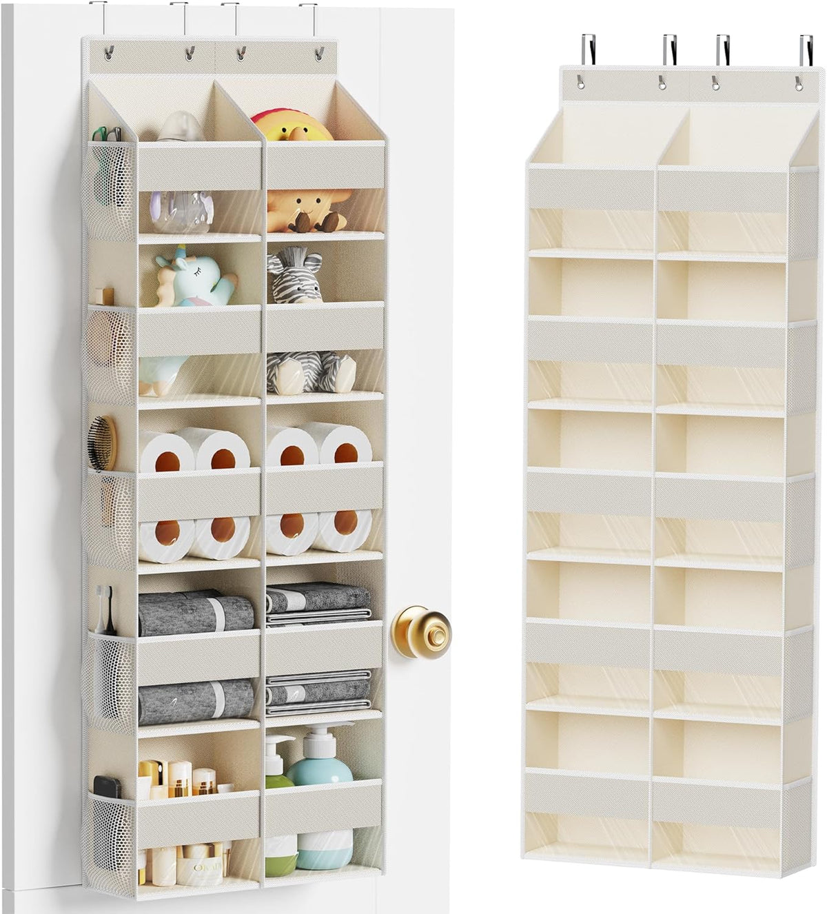 5-Shelf Over The Door Hanging Organizer with 3 Metal Hooks, 5 Pocket Swing-Proof Behind Door Organizers with Clear Windows for Bathroom Closet,Dorm (Beige)