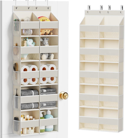 5-Shelf Over The Door Hanging Organizer with 3 Metal Hooks, 5 Pocket Swing-Proof Behind Door Organizers with Clear Windows for Bathroom Closet,Dorm (Beige)