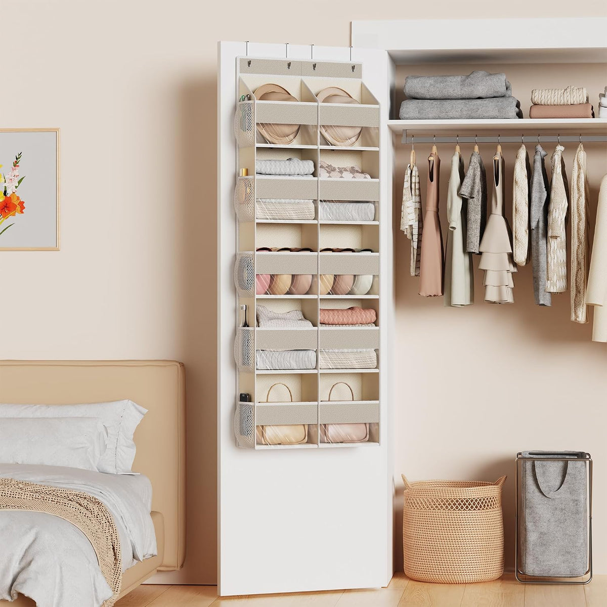 5-Shelf Over The Door Hanging Organizer with 3 Metal Hooks, 5 Pocket Swing-Proof Behind Door Organizers with Clear Windows for Bathroom Closet,Dorm (Beige)