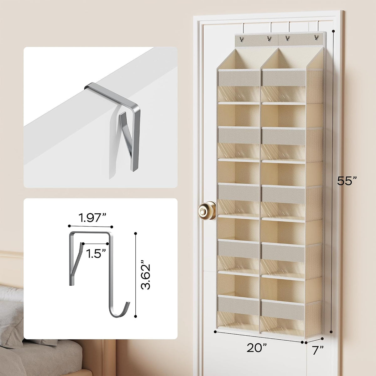 5-Shelf Over The Door Hanging Organizer with 3 Metal Hooks, 5 Pocket Swing-Proof Behind Door Organizers with Clear Windows for Bathroom Closet,Dorm (Beige)
