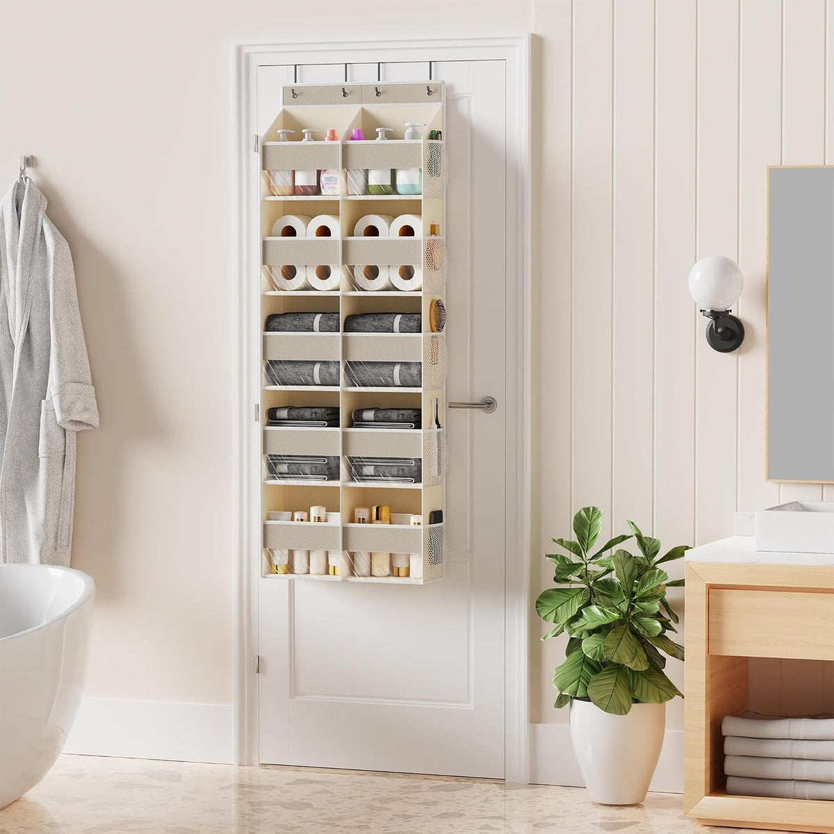 5-Shelf Over The Door Hanging Organizer with 3 Metal Hooks, 5 Pocket Swing-Proof Behind Door Organizers with Clear Windows for Bathroom Closet,Dorm (Beige)