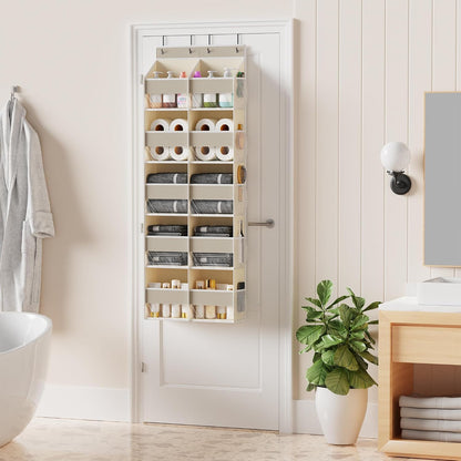 5-Shelf Over The Door Hanging Organizer with 3 Metal Hooks, 5 Pocket Swing-Proof Behind Door Organizers with Clear Windows for Bathroom Closet,Dorm (Beige)