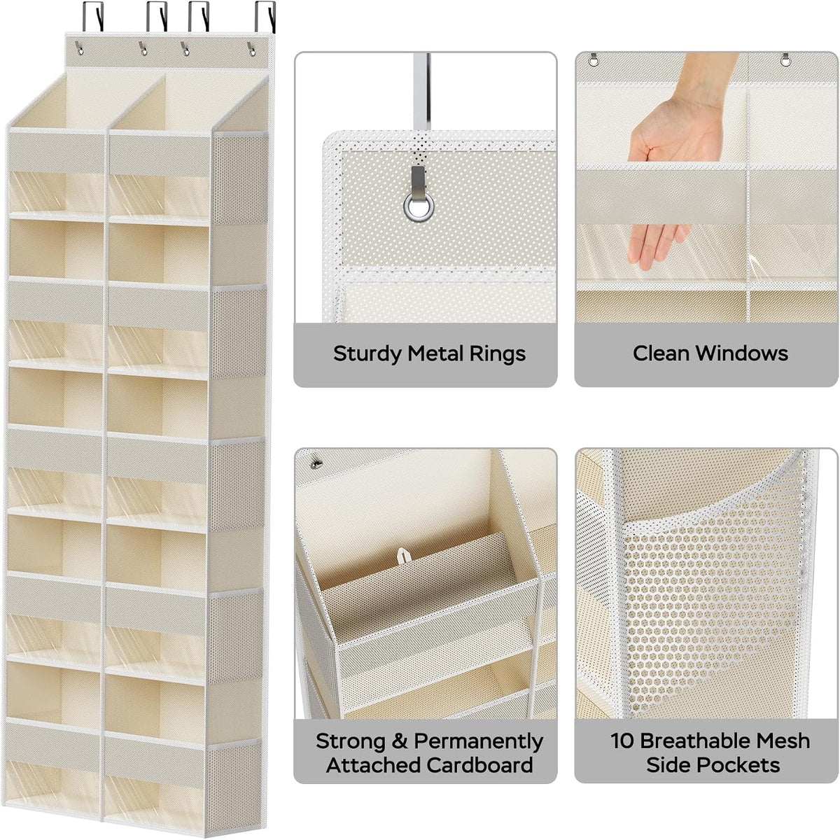 5-Shelf Over The Door Hanging Organizer with 3 Metal Hooks, 5 Pocket Swing-Proof Behind Door Organizers with Clear Windows for Bathroom Closet,Dorm (Beige)