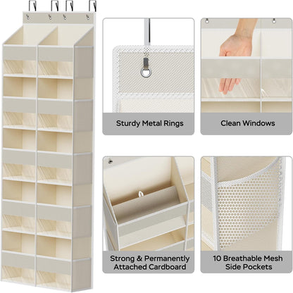 5-Shelf Over The Door Hanging Organizer with 3 Metal Hooks, 5 Pocket Swing-Proof Behind Door Organizers with Clear Windows for Bathroom Closet,Dorm (Beige)